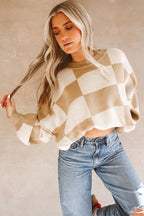 Khaki Checkered Bishop Sleeve Sweater- Women