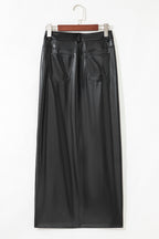 Black Faux Leather Side Slit Maxi Skirt- Women