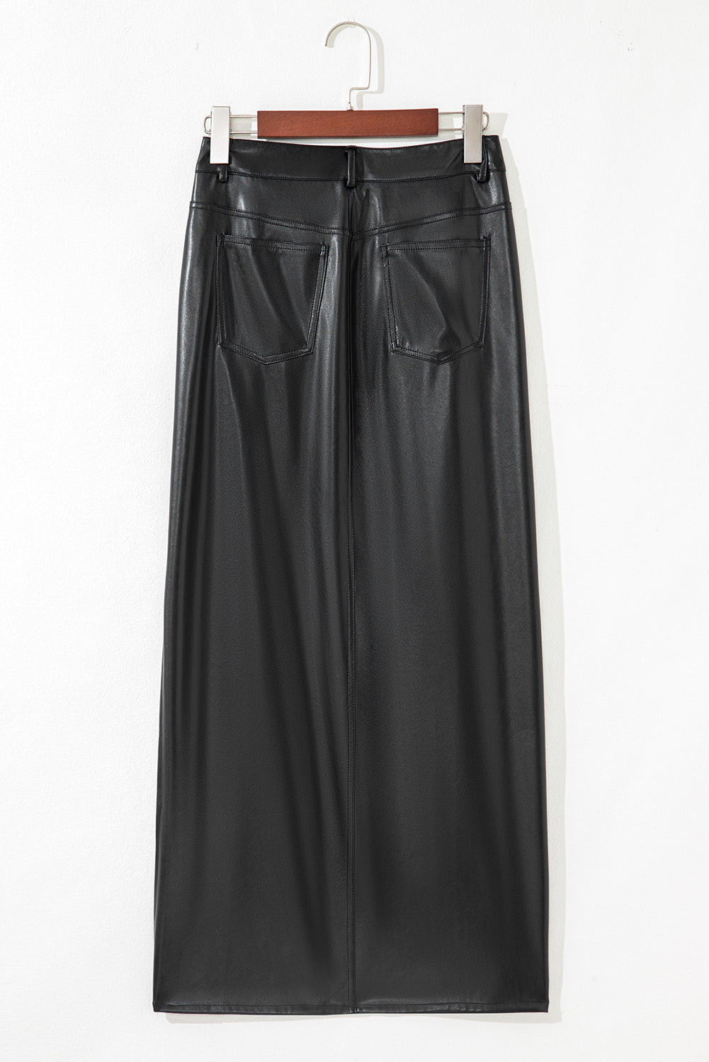 Black Faux Leather Side Slit Maxi Skirt- Women