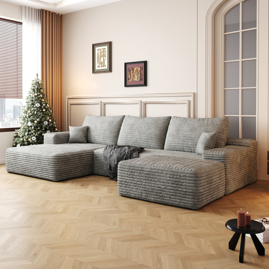 107'Cloud Sectional Sofa with 1 Ottoman,Modern Minimalist Upholstered Couches,Comfort U Shaped Sofa for Living Room,Deep Seat Corner Couch,No Assembly Required,Grey (Plush Corduroy Fabric) Default
