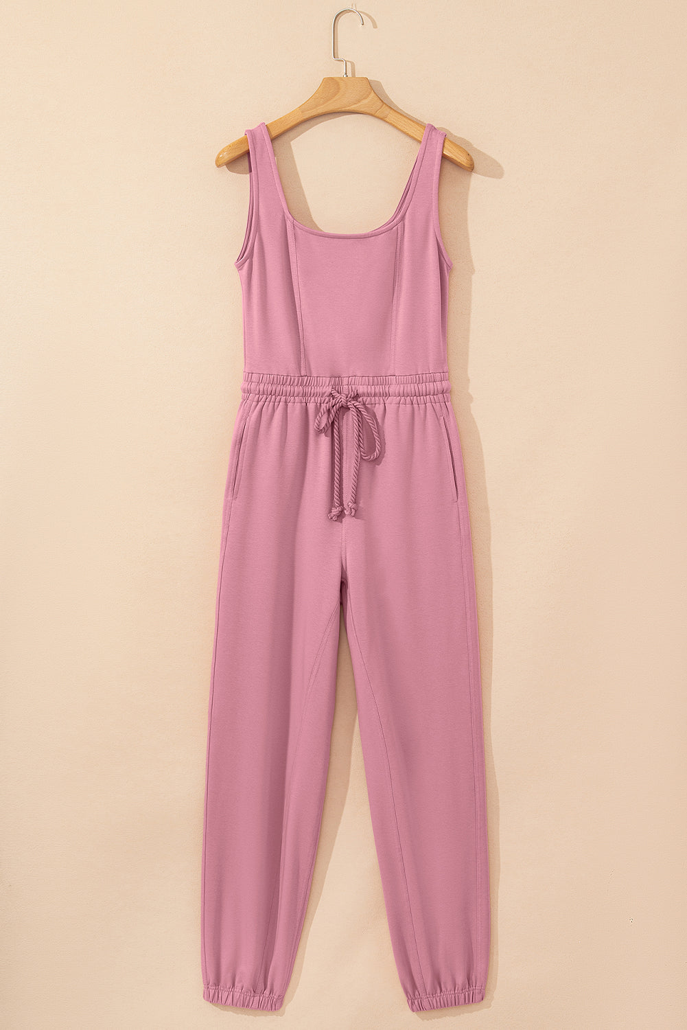 Light Pink Lace-up Elastic Waist Sleeveless Square Neck Jumpsuit- Women