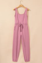 Light Pink Lace-up Elastic Waist Sleeveless Square Neck Jumpsuit- Women