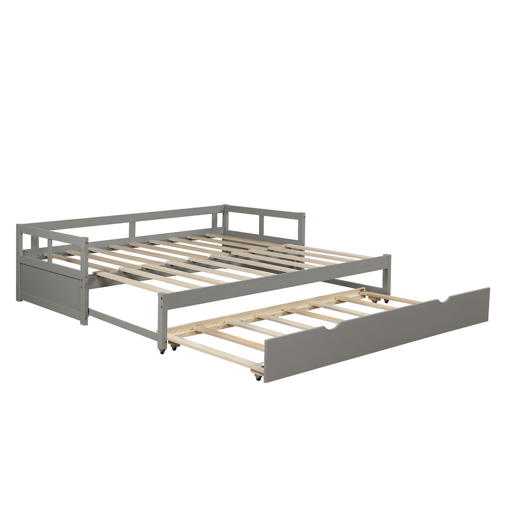 Contemporary Wooden Daybed with Trundle, Space-Saving Gray Twin to King Size Bed