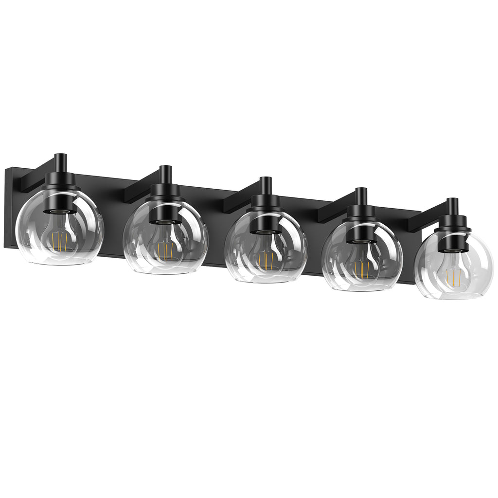 Bathroom Light Fixtures Over Mirror 5-Lights Bathroom Vanity Light with Clear Globe Glass Shade Modern Black Vanity Light Wall Sconce Vanity Lighting for Bath(Bulbs Not Included)