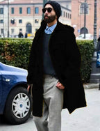 Retro Horn Button Hooded Woolen Trench Coat Men Black