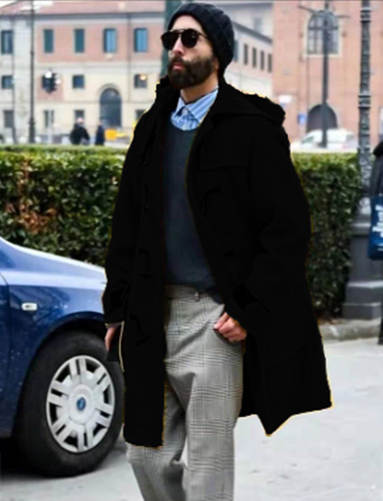 Retro Horn Button Hooded Woolen Trench Coat Men Black