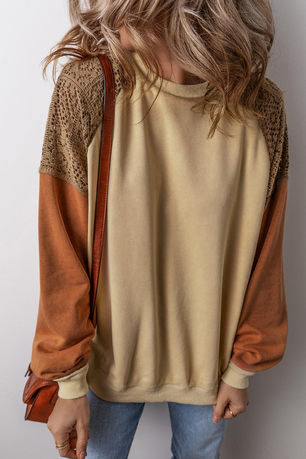 Khaki Lace Patchwork Colorblock Drop Shoulder Sweatshirt- Women