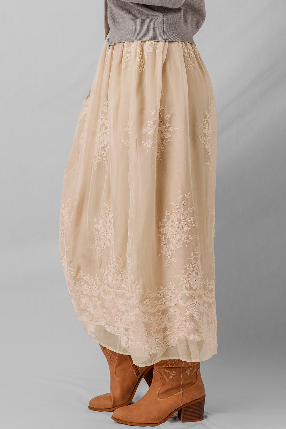 Oatmeal Embroidered Mesh Overlay Flowy Long Skirt- Women
