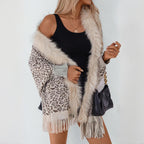 Women's Leopard Poncho With Faux Fur Collar - Fringe Hem Long Sleeve Open Front Cardigan Coat
