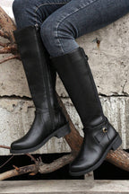Black Side Zipper Knee High Chunky Low Heel Boots- Women