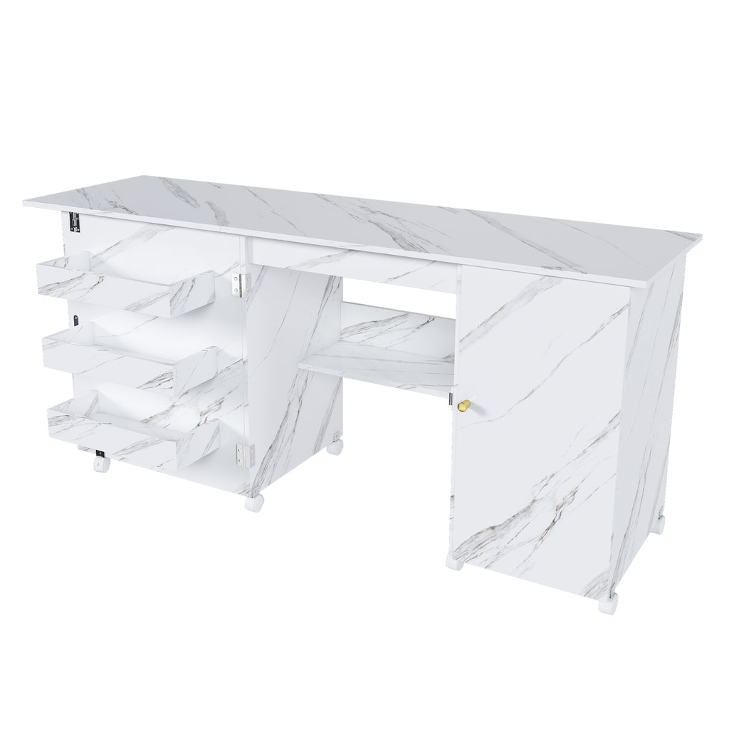 57.5' Foldable Sewing Machine Table with Locking Casters, Multi-Storage Craft Station with Shelves, Bins & Cabinet, Adjustable Sewing Cabinet for Home, Bedroom, and Craft Room(White)