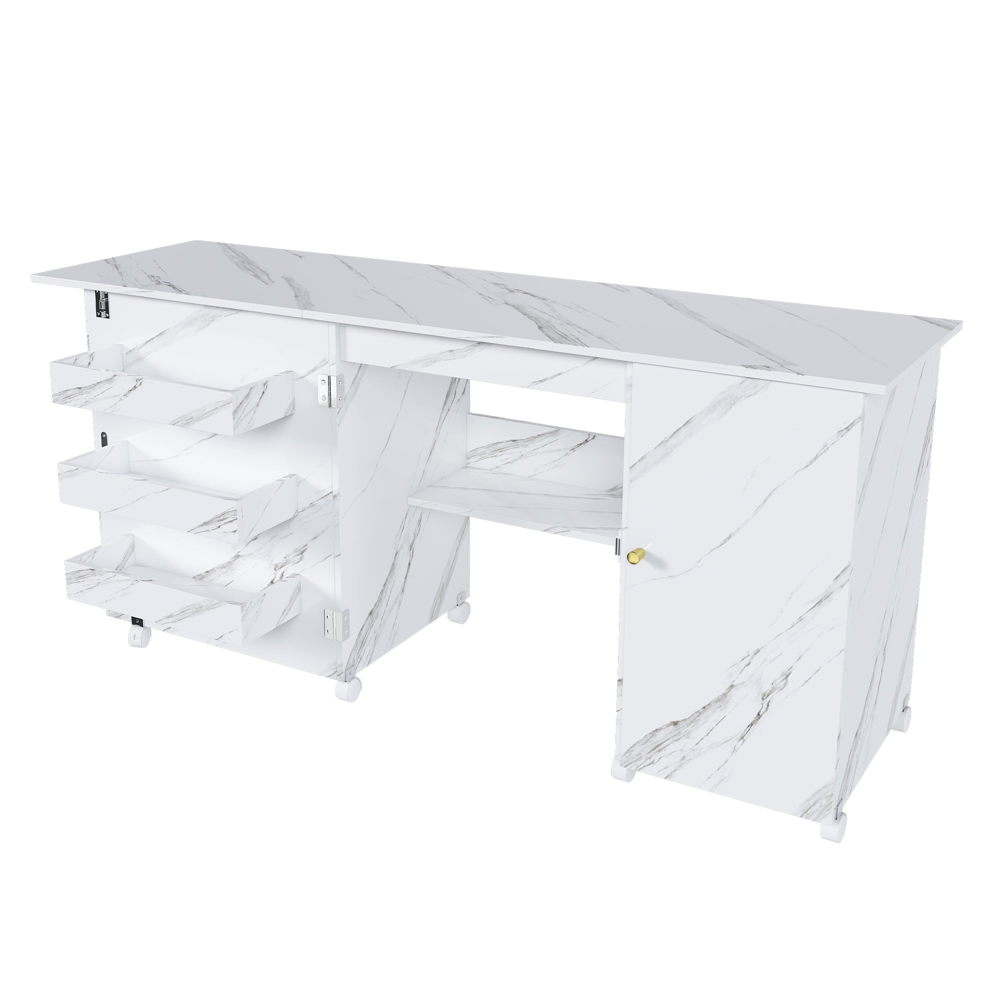 57.5' Foldable Sewing Machine Table with Locking Casters, Multi-Storage Craft Station with Shelves, Bins & Cabinet, Adjustable Sewing Cabinet for Home, Bedroom, and Craft Room(White)