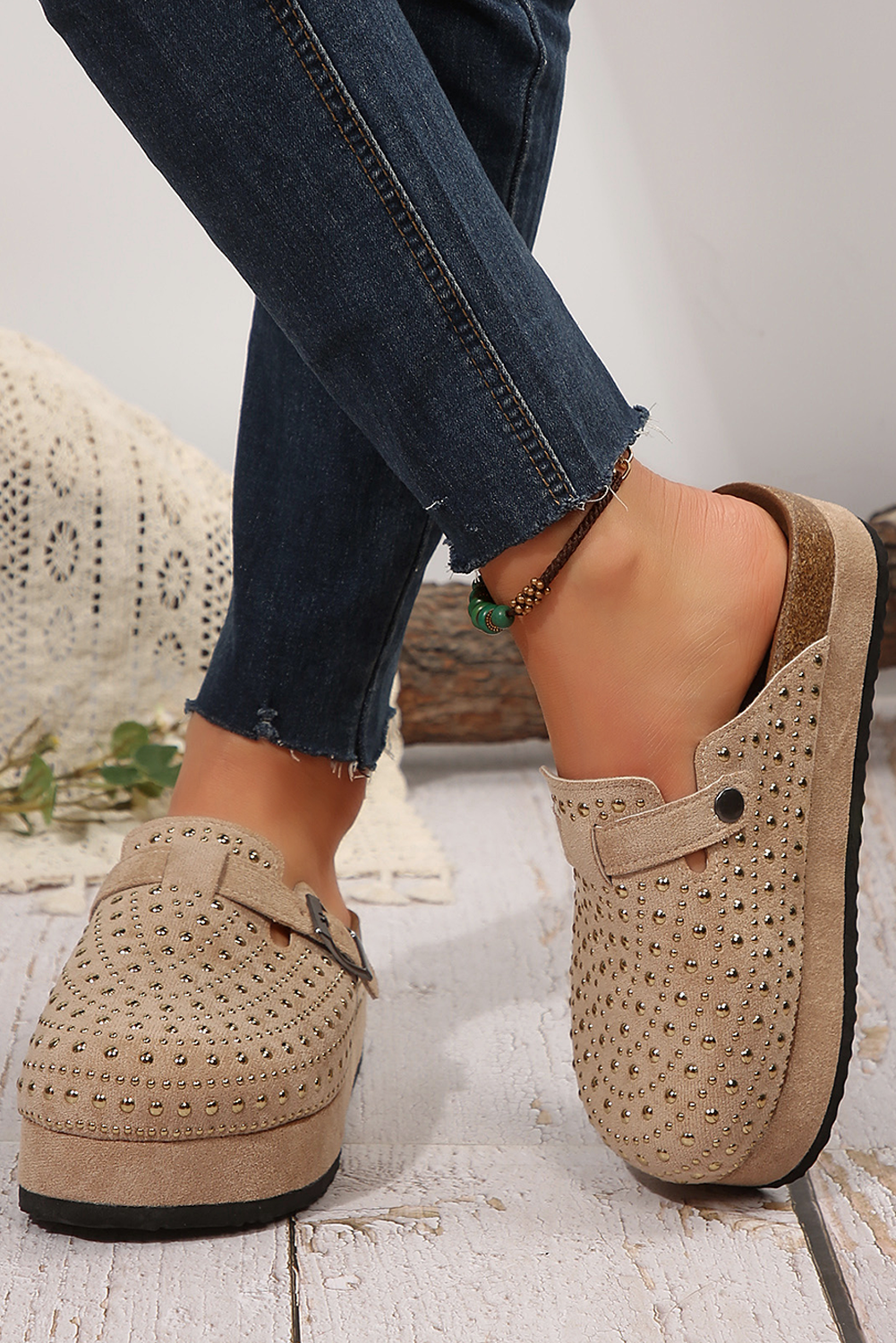 Parchment Rivet Buckle Closed Toe Platform Slippers- Women