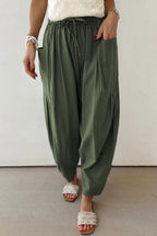 Jungle Green Drawstring Elastic Waist Patch Pocket Barrel Leg Casual Pants- Women Jungle Green 55%Cotton+45%Viscose