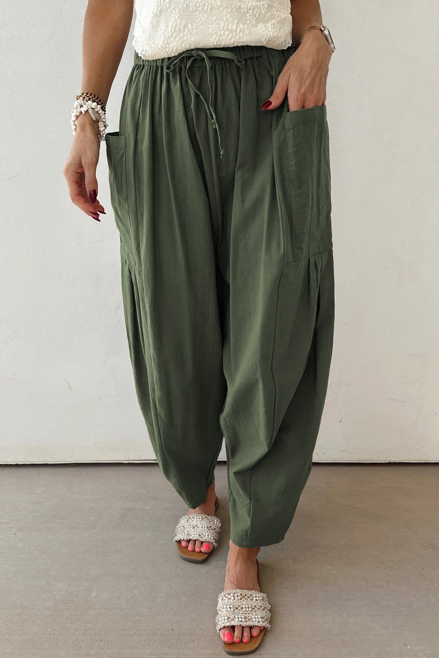 Jungle Green Drawstring Elastic Waist Patch Pocket Barrel Leg Casual Pants- Women Jungle Green 55%Cotton+45%Viscose