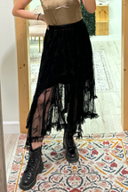 Black Lace Cascading Tiered High Waist Maxi Skirt- Women