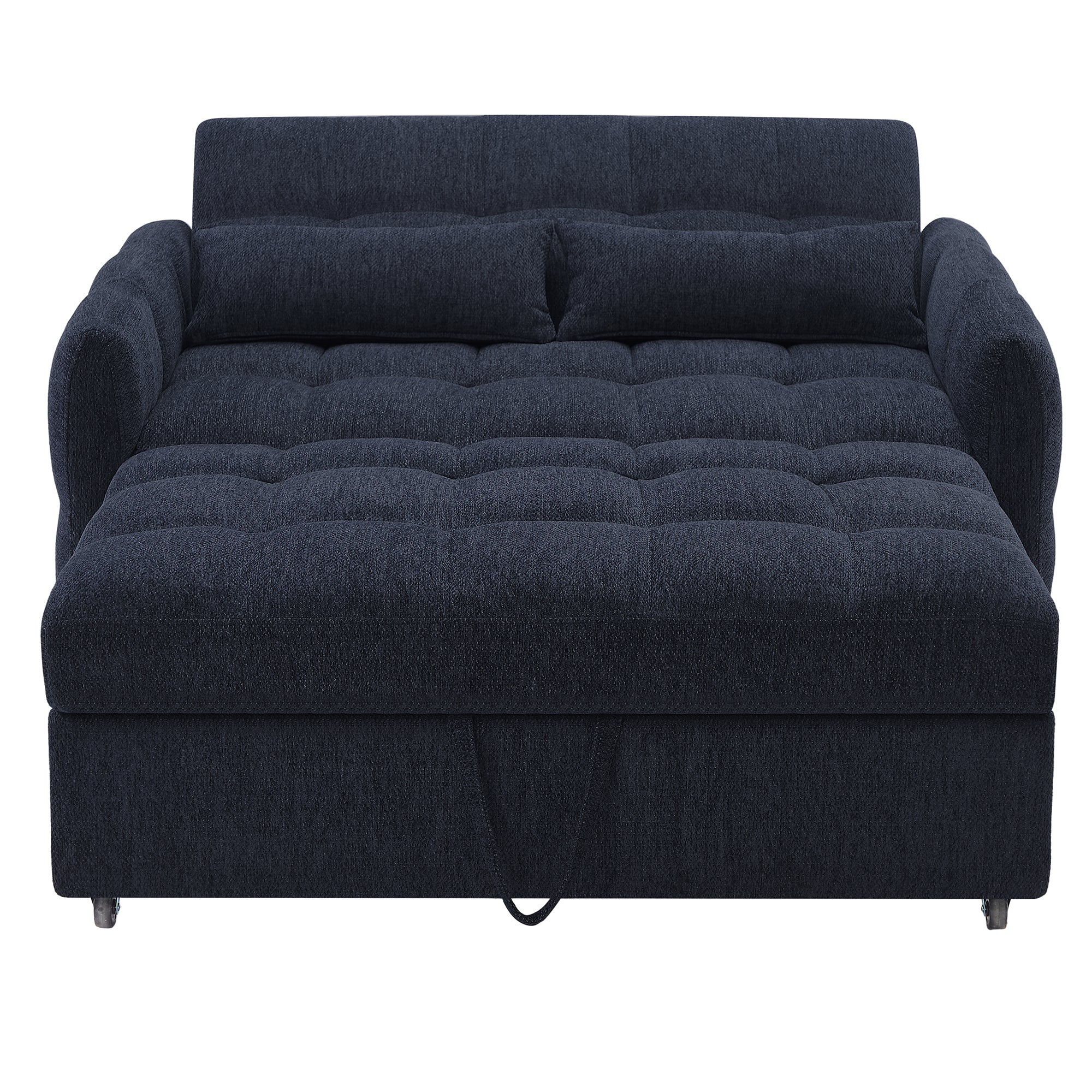 Modern Loveseat Sofa Pull-out Bed with Adjustable Backrest, USB Ports, Lumbar Pillows, Blue Chenille, 52.8'