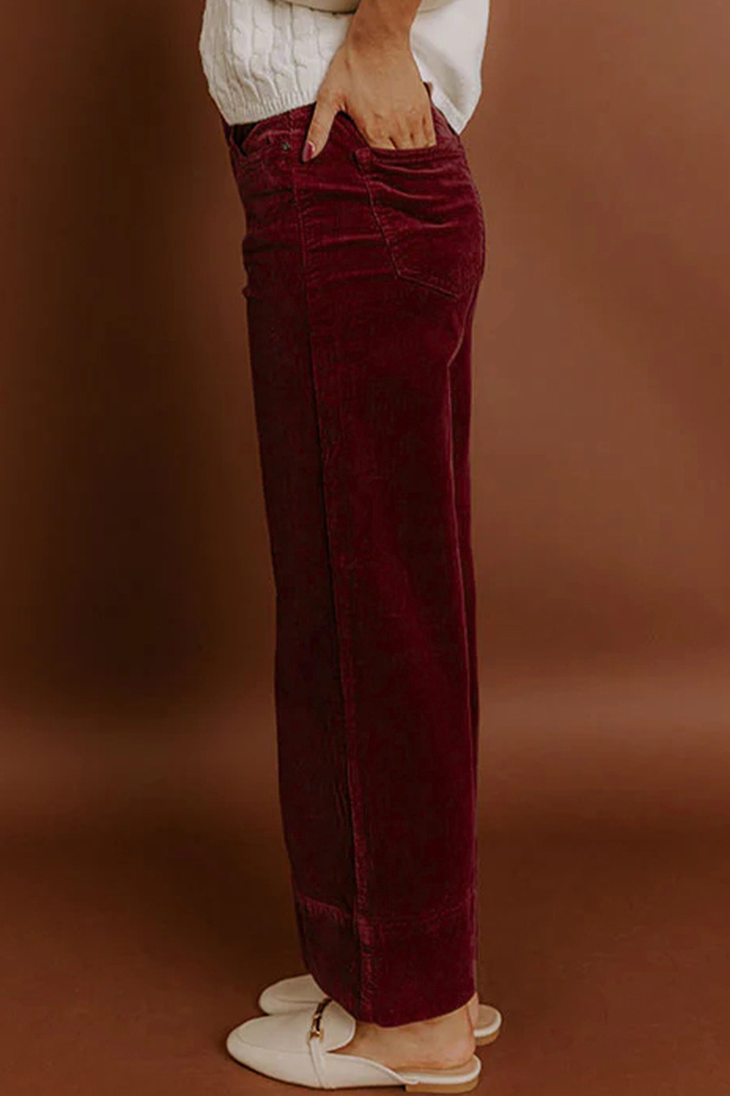 Burgundy Corduroy Solid Color High Waist Wide Leg Pants- Women