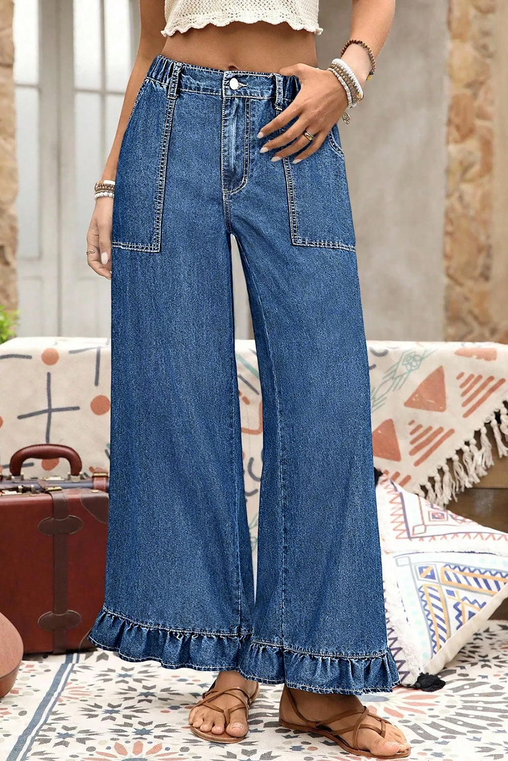 Sail Blue Plus Size Elastic Waist Ruffled Wide Leg Denim Pants- Women Sail Blue 72%Cotton+26%Polyester+2%Elastane