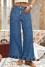 Sail Blue Plus Size Elastic Waist Ruffled Wide Leg Denim Pants- Women Sail Blue 72%Cotton+26%Polyester+2%Elastane
