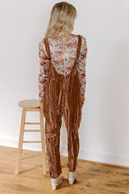 Chicory Coffee Velvet Adjustable Straps Patched Pocket Sleeveless Jumpsuit- Women