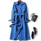 Women's Classic Trench Coat, Solid Color Long Sleeve Belted Mid-Length Jacket With Button Detail For Spring And Fall Haze Blue