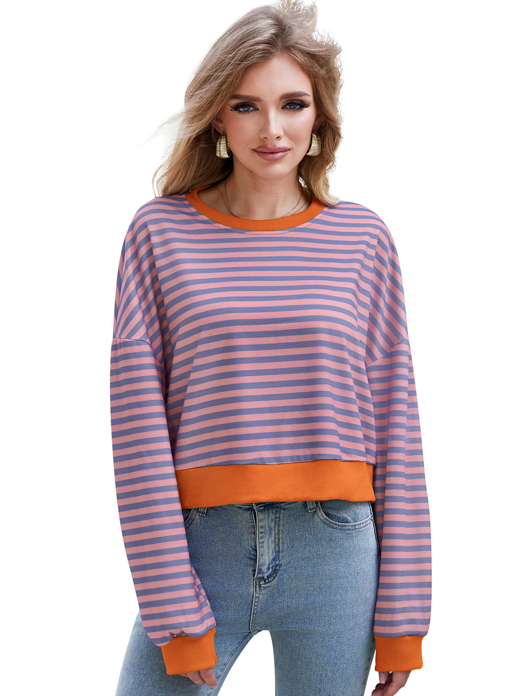 Women's Long Sleeved Striped Round Neck Sweater Top Orange