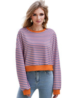 Women's Long Sleeved Striped Round Neck Sweater Top Orange