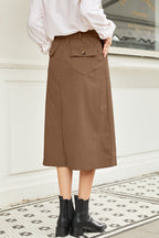 Coffee Front Slit Shift High Waist Midi Skirt- Women
