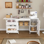 57.5' Foldable Sewing Machine Table with Locking Casters, Multi-Storage Craft Station with Shelves, Bins & Cabinet, Adjustable Sewing Cabinet for Home, Bedroom, and Craft Room(White) Default