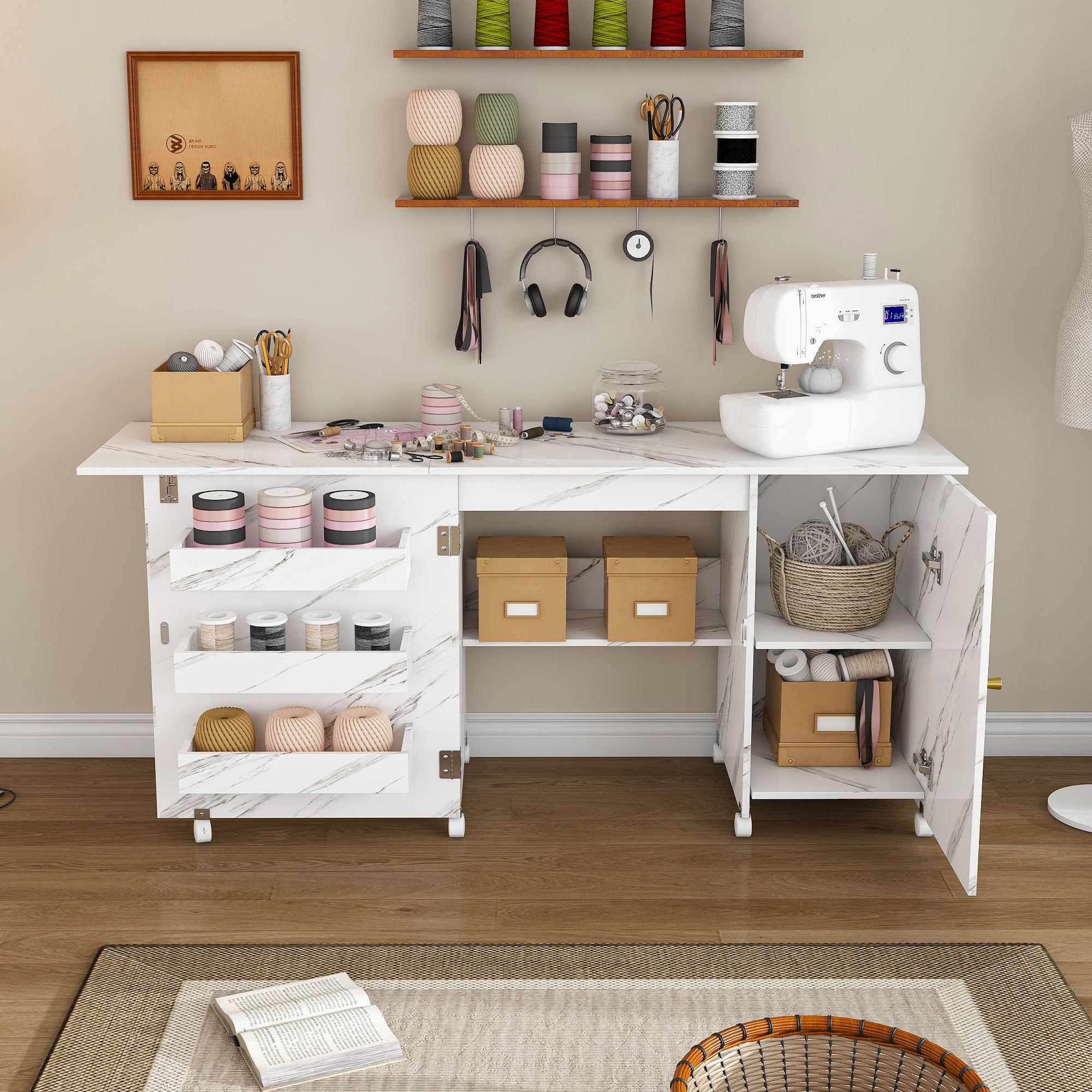 57.5' Foldable Sewing Machine Table with Locking Casters, Multi-Storage Craft Station with Shelves, Bins & Cabinet, Adjustable Sewing Cabinet for Home, Bedroom, and Craft Room(White) Default