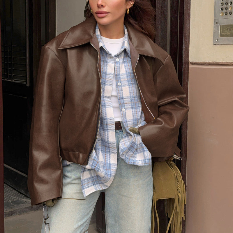 Vintage Style Women's Solid Color Faux Leather Jacket, Zip-Up Biker Jacket With Lapel Collar Casual Coat Brown