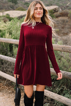 Red Dahlia Frilled Neck Ribbed Knit Patchwork Long Sleeve Mini Dress- Women Red Dahlia 97%Polyester+3%Elastane