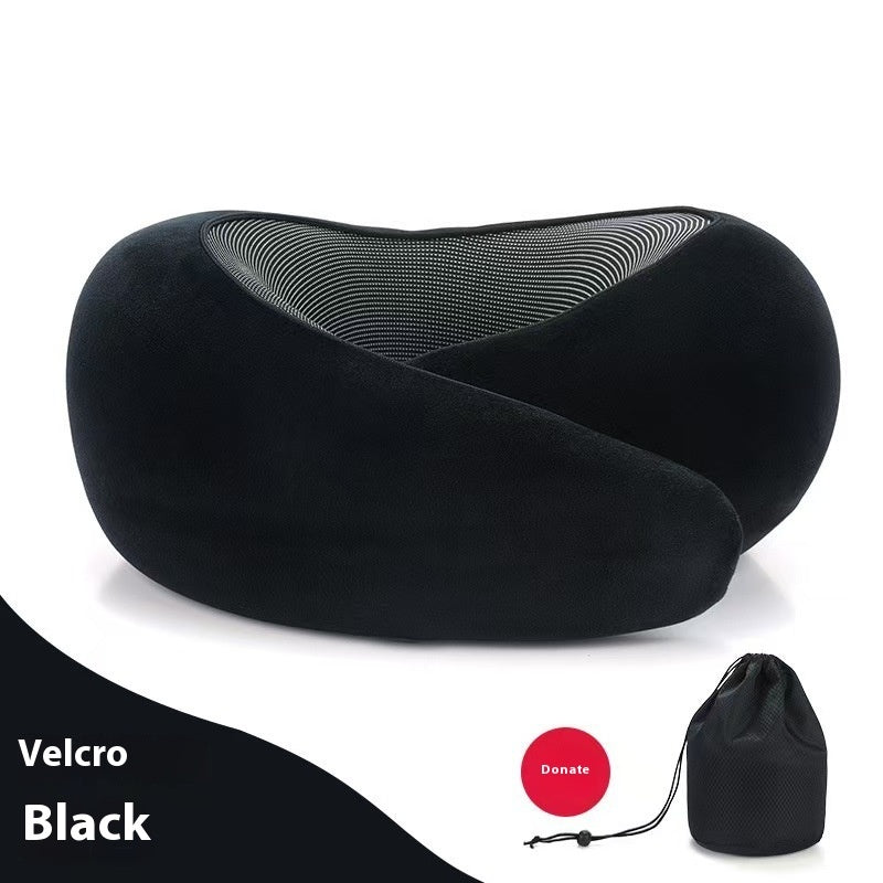 Soft Memory Foam Travel Neck Pillow U Shape Adjustable Support Comfortably Sleeping On Plane Car Office Noon Break Deep Black Velcro Style