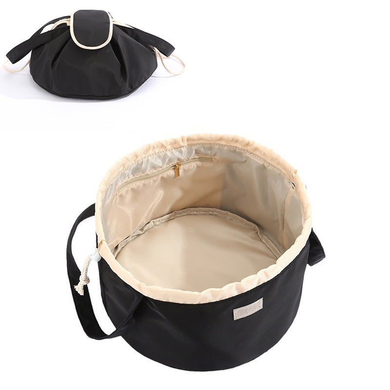 Barrel Drawstring Makeup Bag Large Capacity Women's Cosmetic Bag Toiletries Organizer Pouch Lady Travel Storage Case Black