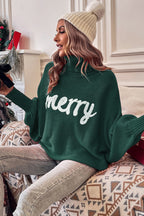 Blackish Green Merry Letter Embroidered High Neck Sweater- Women