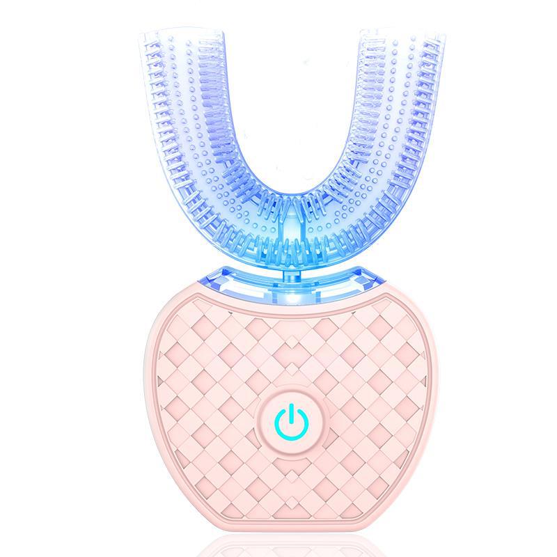 360 Degrees Intelligent Automatic Electric Toothbrush Waterproof U Type Tooth Brush Whitening Blue Light USB Charging Pink