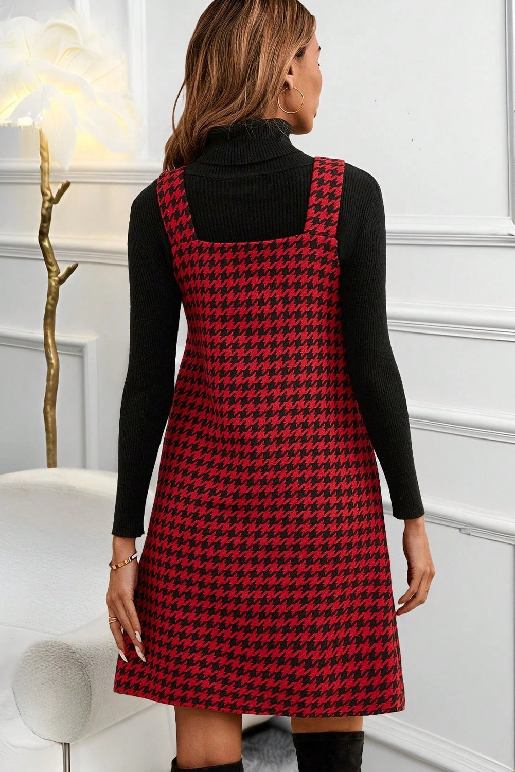 Red Houndstooth Print V Neck Sleeveless Mini Dress- Women