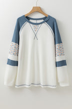 White Floral Patchwork Waffle Knit Raglan Top- Women