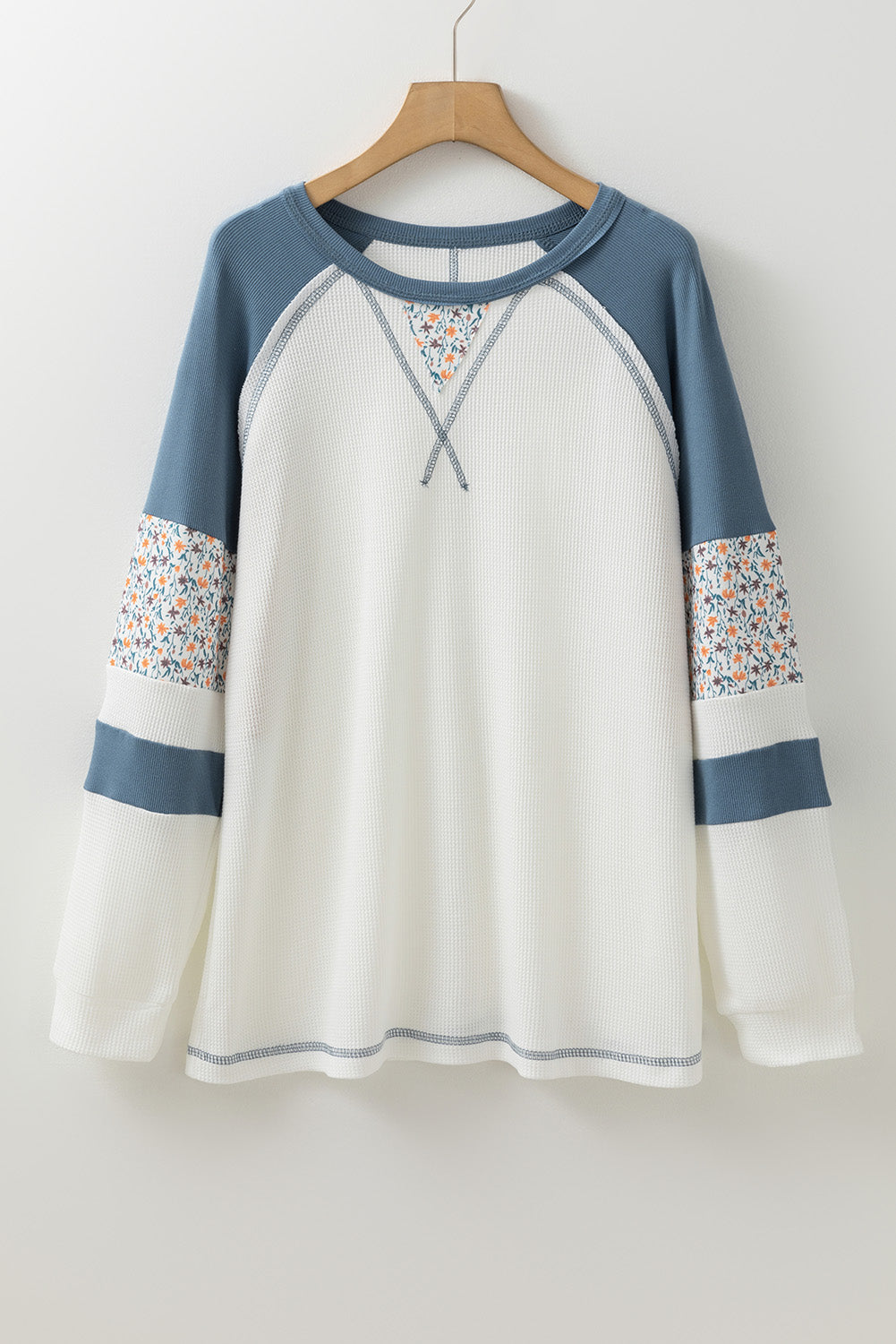 White Floral Patchwork Waffle Knit Raglan Top- Women