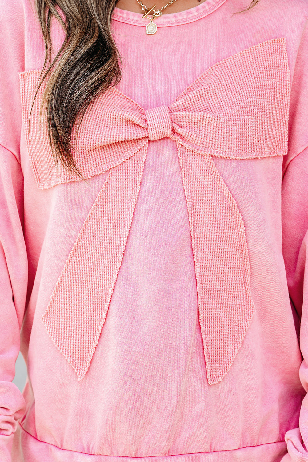 Bright Pink Mineral Wash Big Bow Patchwork Pullover Sweatshirt- Women
