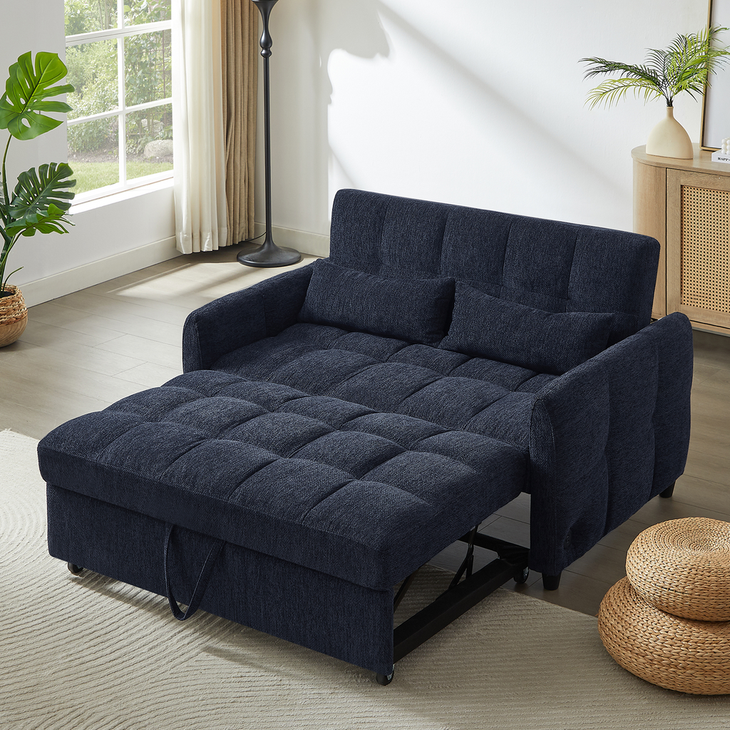 Modern Loveseat Sofa Pull-out Bed with Adjustable Backrest, USB Ports, Lumbar Pillows, Blue Chenille, 52.8'