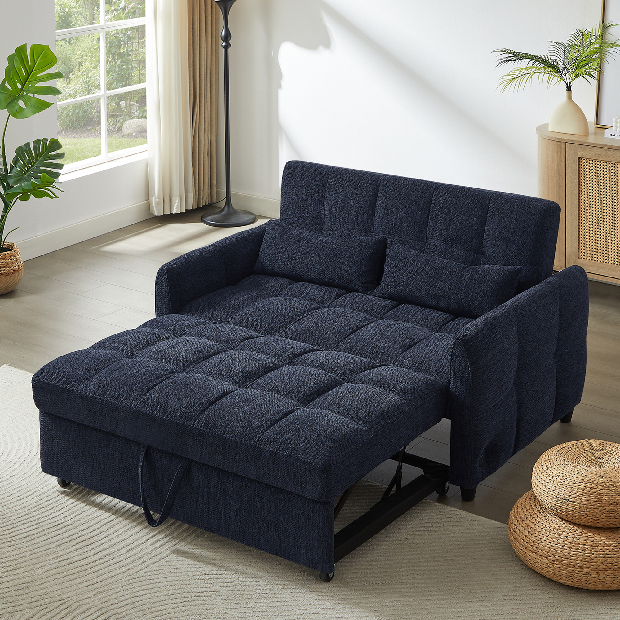 Modern Loveseat Sofa Pull-out Bed with Adjustable Backrest, USB Ports, Lumbar Pillows, Blue Chenille, 52.8'
