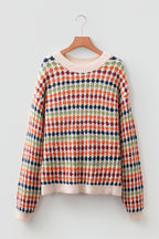 Multicolour Dotty Striped Pattern Knit Drop Shoulder Sweater- Women