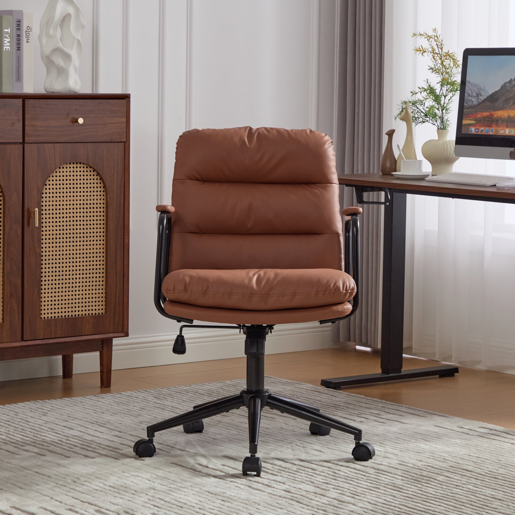 Office Chair,Mid Back Home Office Desk Task Chair with Wheels and Arms Ergonomic PU Leather Computer Rolling Swivel Chair with Padded Armrest,The back of the chair can recline 40° (Brown),SW1741BR