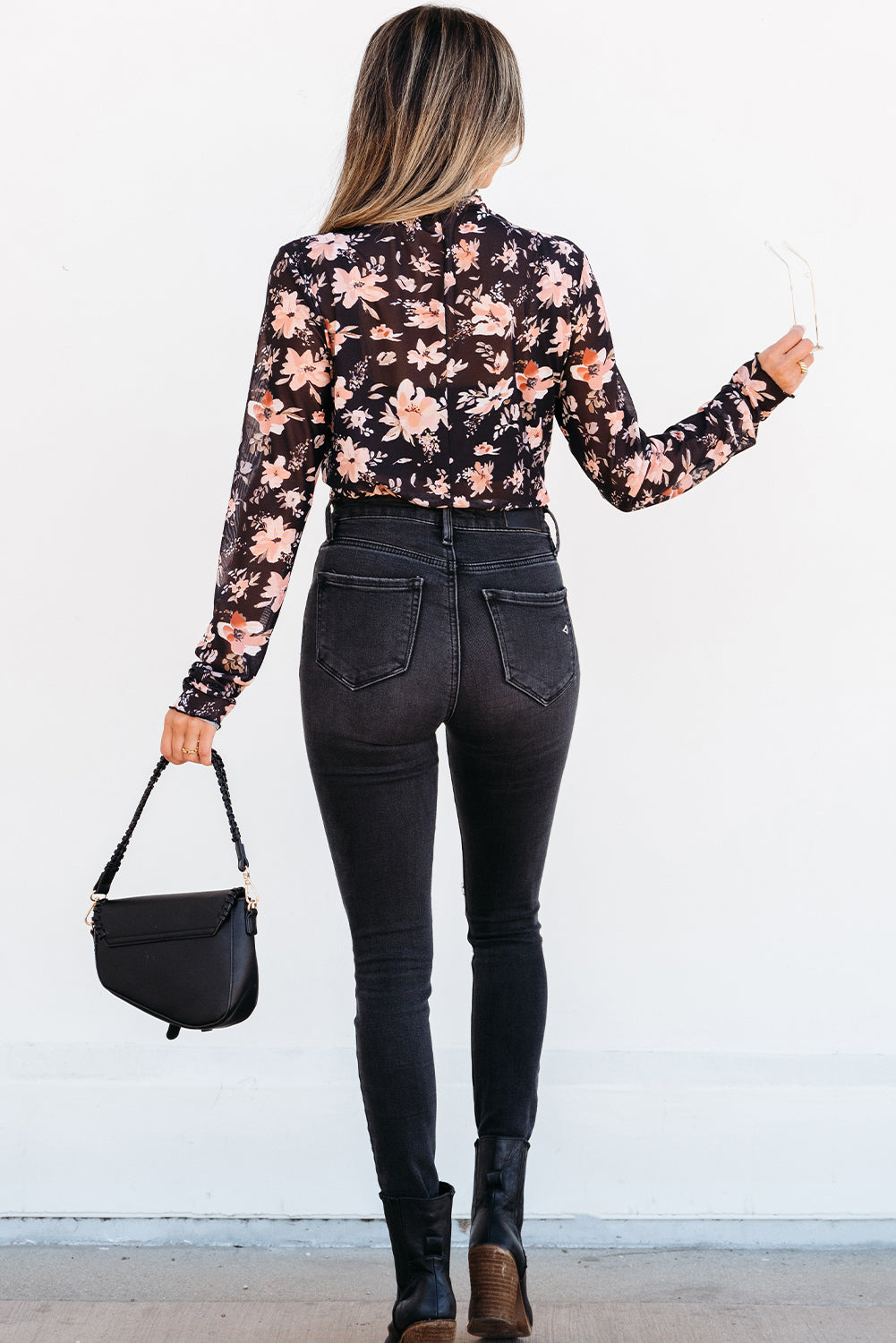 Black Floral Mesh Mock Neck Long Sleeve Slim Fit Top- Women