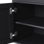 Farmhouse TV Stand with Solid Wood Gourd-Shaped Legs for TVs Up to 70', Entertainment Center with Bookshelves & Tempered Glass Doors, Media Console with Adjustable Shelves, Living Room, Black