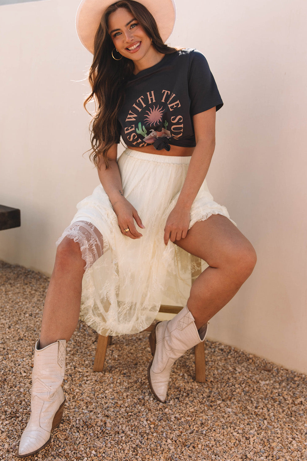 Beige Lace Cascading Tiered High Waist Maxi Skirt- Women