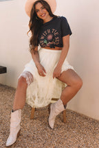 Beige Lace Cascading Tiered High Waist Maxi Skirt- Women