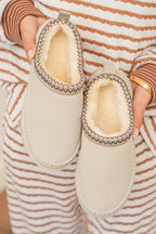 White Contrast Stitch Detail Faux Suede PU Patchwork Plush Winter Clog Slippers- Women